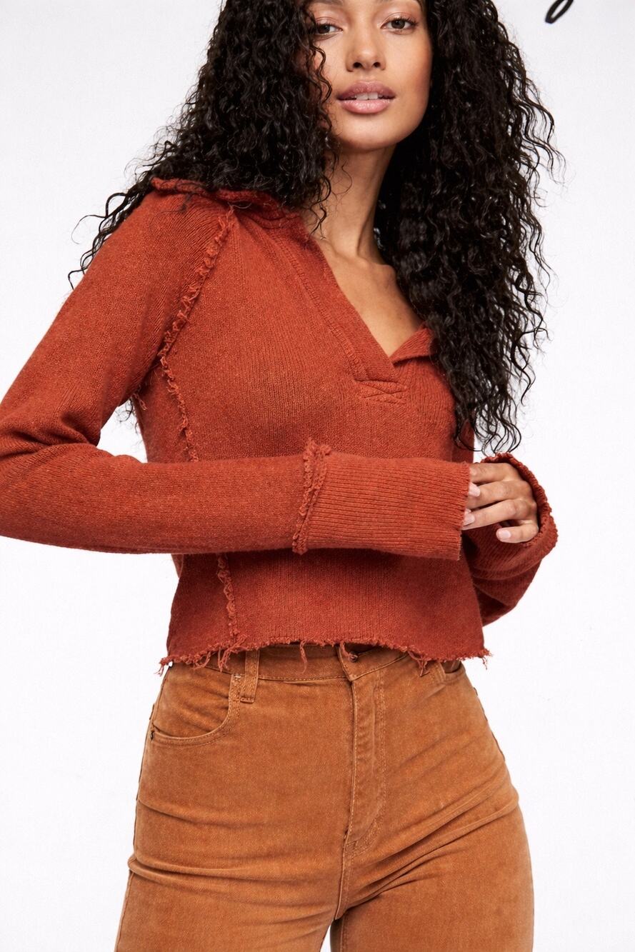 Free People Darcy Cropped Hoodie Raw Seam Thermal M Rust Boho